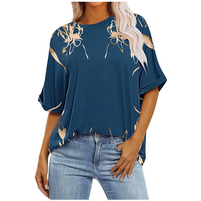Pisexur Hauts d'Été pour Femmes Mode Décontractée Manches Courtes Col Rond T-Shirts Confortables Amples Surdimensionnés Imprimé Floral Blouses Hauts Mode T-Shirts Imprimés Graphiques Grande Taille Tops de Sortie P-5TG