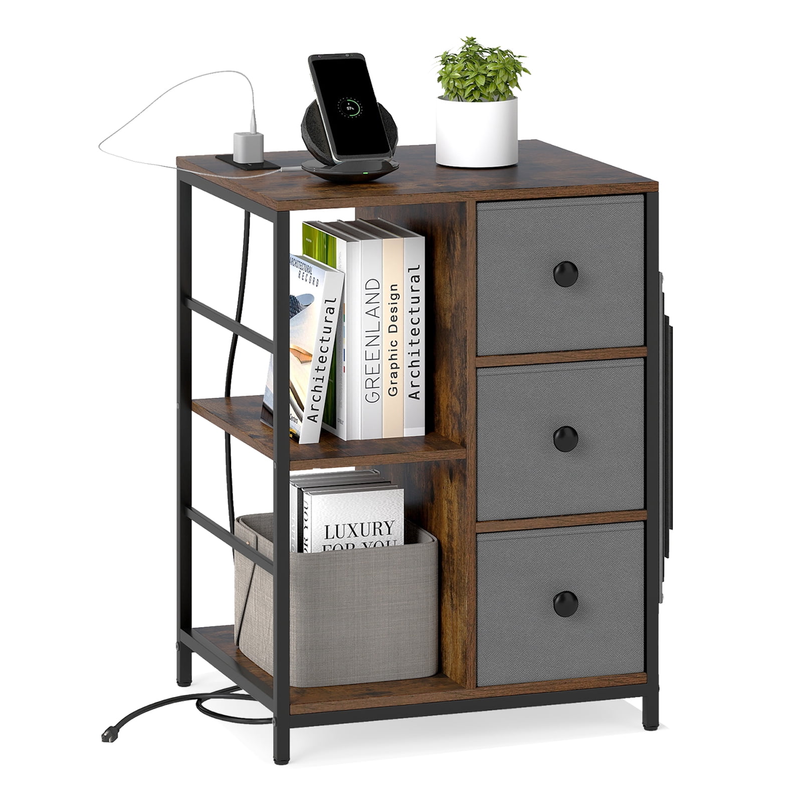 Gymax Nightstand 3-Tier Storage End Table Bedside Table with Charging Station & Shelf