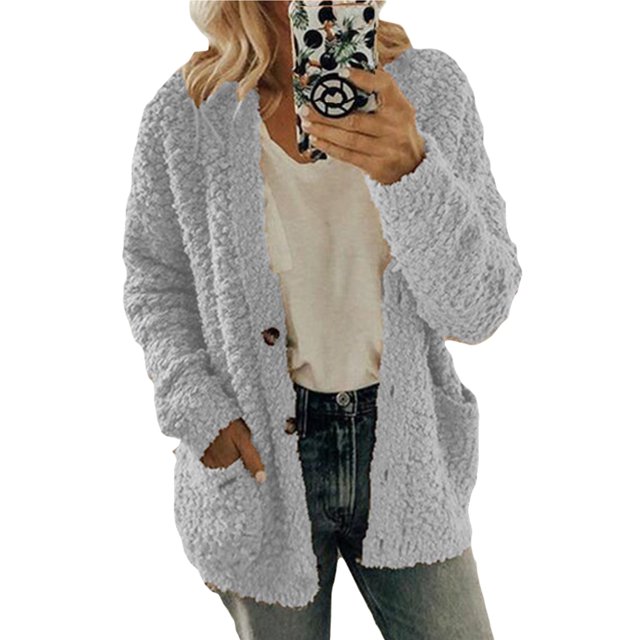 Innerwin Jacket Cardigan Ladies Outwear Party Long Sleeve Fluffy Coat Light Grey XL
