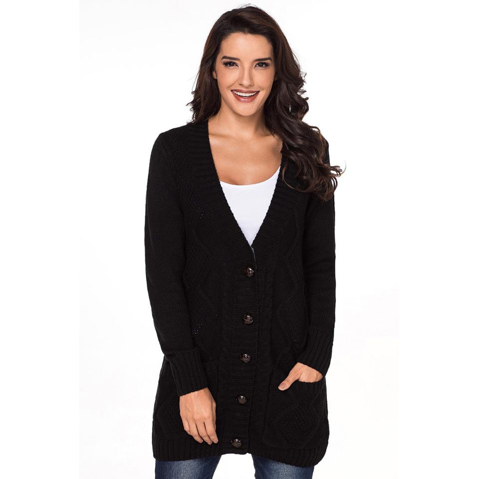Women Black/Gray/Green/Red/Purple Front Pocket and Buttons Closure Cardigan