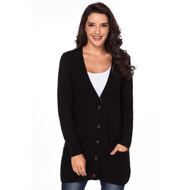 Women Black/Gray/Green/Red/Purple Front Pocket and Buttons Closure Cardigan