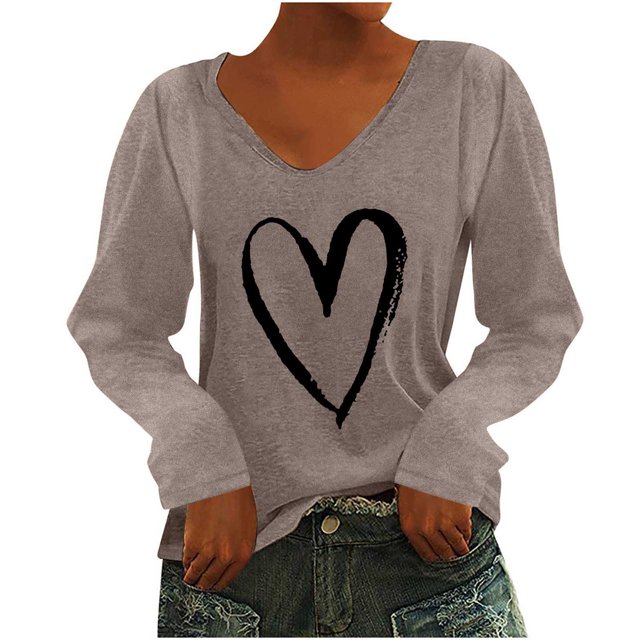 Pompotops T-Shirt à Manches Longues à Col en V Imprimé Décontracté pour Femmes, Chandail, Hauts, Liquidation