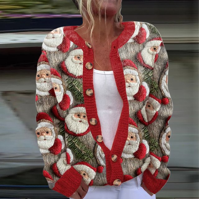 Jsaierl Chandail de Noël Laid pour Femmes Mignon Xmas Ouvert Cardigan Tricoté Automne Hiver