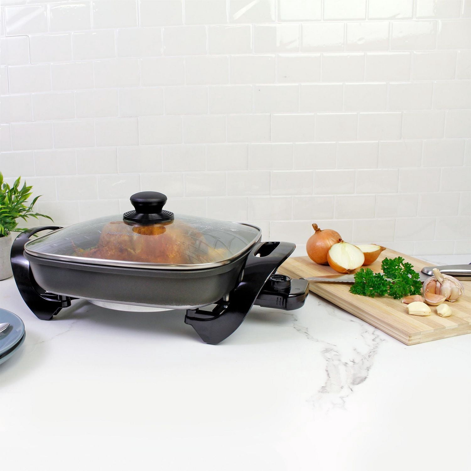 Kenmore Non-Stick Electric Skillet, 12x12" with Glass Lid, Black/Grey