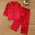 thumbnail image 1 of Fridja Satin Pajamas for Girls, Summer Solid Color Long Sleeve Comfortable Soft Satin Button Down PJ Set Gift for Slumber Party, Birthday, Holiday (Red,5-6 Years), 1 of 5