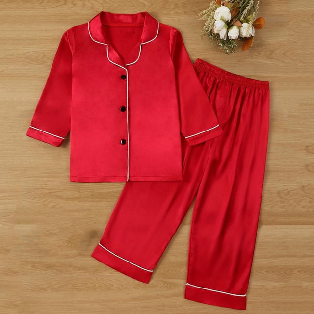 Fridja Satin Pajamas for Girls, Summer Solid Color Long Sleeve Comfortable Soft Satin Button Down PJ Set Gift for Slumber Party, Birthday, Holiday (Red,5-6 Years)