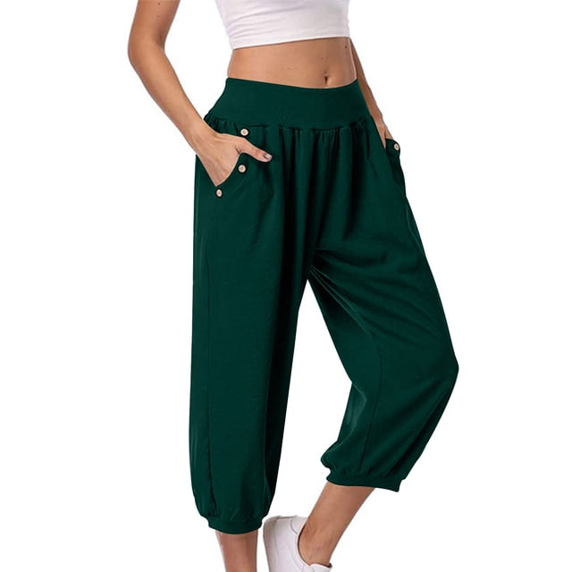 Timegard Womens Capri Pants Elastic High Waist Button Comfy Solid Color Casual Crop Pants with Pockets
