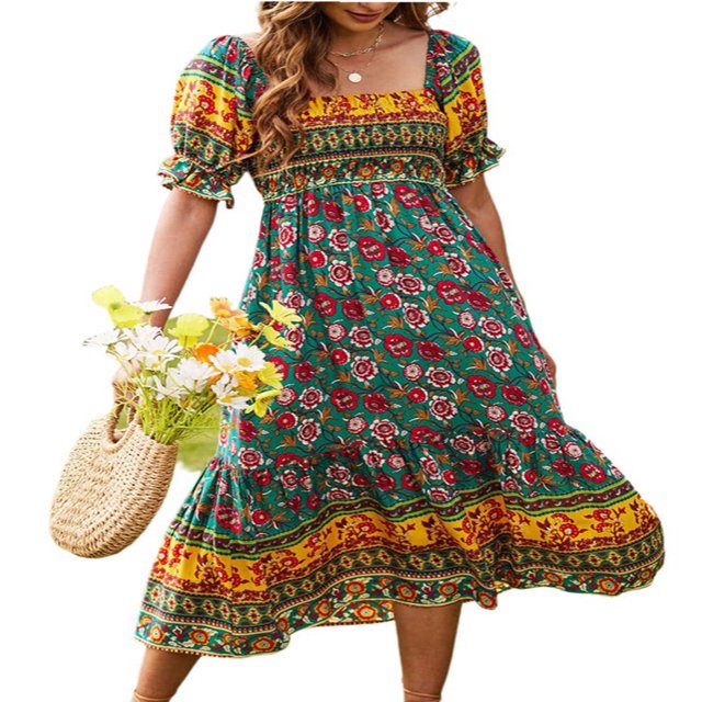 MesaSe Robe d'Été Bohème pour Femmes Imprimé Floral Col Carré à Volants Robe Longue Maxi de Plage Style E s