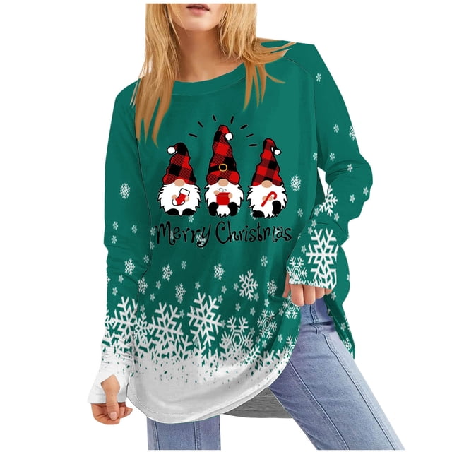 Hauts de Noël pour Femmes Haut à Imprimé de Noël pour Femmes Col Rond Manches Raglan Manches Longues Haut à Manches avec Passe-Pouce Hauts de Noël pour Femmes