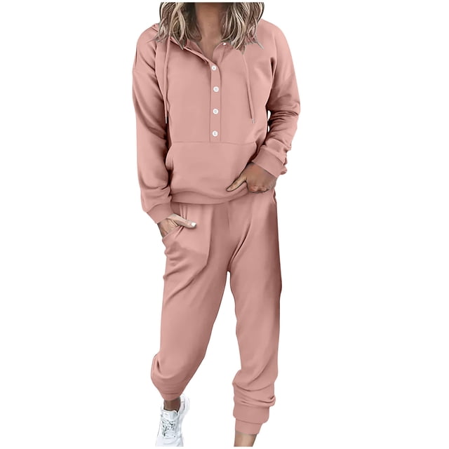 Pisexur Womens Lounge Set Trendy Casual Solid Color Matching Set Long Sleeve Button Drawstring Hooded Sweathirts Tops Wide Leg Sweatpants Tracksuit with Pockets 2 Piece Travel Outfits