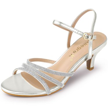 BLISSFUL STEP Chaussures pour Femmes Sandales à Talon Kitten à Bout Ouvert en PU avec Bride à la Cheville Ornée de Strass Argent 8,5