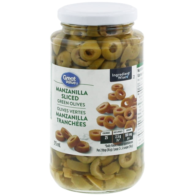 Great Value Manzanilla Sliced Green Olives in a 375 ml clear glass jar with a white lid, showing sliced green olives inside and a bilingual label with nutrition facts. Ideal as a condiment or topping for salads, pizzas, and sauces.