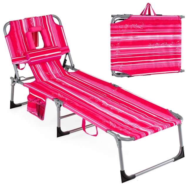 Costway Chaise Longue de Plage Extérieure Pliante avec Oreiller à Rayures Roses