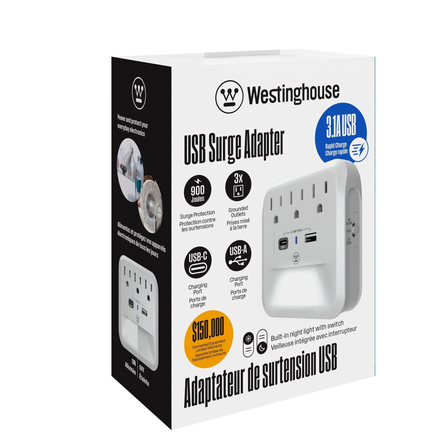 Westinghouse 900J 3- Outlet USB Surge Tap