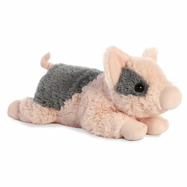 Aurora Adorable Flopsie Tidbit Mini Pig plush toy in pink, measuring 12 inches. Features a soft plush texture with a playful design, including a grey patch on its back and floppy ears. Perfect for cuddling and imaginative play.