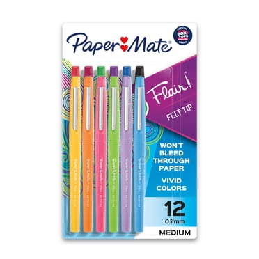 Stylos Flair de Paper Mate avec pointe en feutre, pointe moyenne (0,7 mm), couleurs assorties, 12 unités