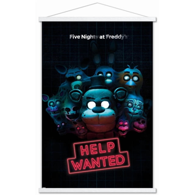 Five Nights at Freddy's - Help Wanted Wall Poster, 22.375" x 34", featuring glowing animatronic faces from the game on a dark grid background above a red neon 'HELP WANTED' sign, printed on glossy poster paper with adhesive mounts, suitable for bedroom or office wall decor.