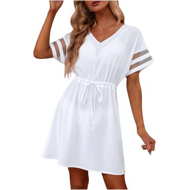 Robes Décontractées pour Femmes Col en V à Nouer à la Taille Été Ample Robe Courte en Maille Manches Courtes Uni/floral Robes de Plage