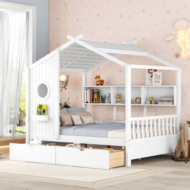 Lit Cabane Pleine Grandeur en Bois avec 2 Tiroirs, Lit pour Enfants avec Tablette de Rangement, Blanc