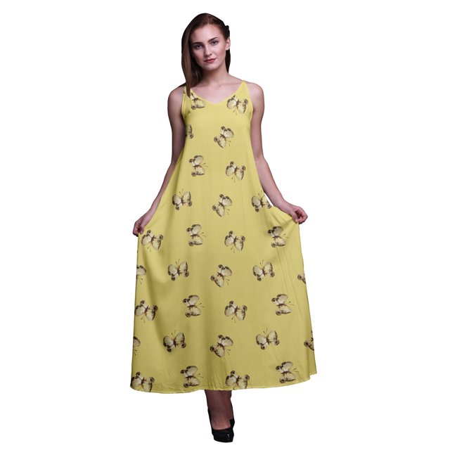 Bimba Robe Longue en Rayonne Imprimée Papillon pour Femmes Chic Bohème Été Maxi Plage-TG