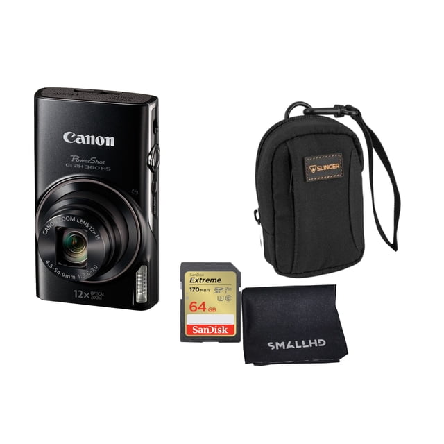 Canon PowerShot ELPH 360 HS digital camera in black, featuring a 20.2MP CMOS sensor, DIGIC 4+ image processor, 12x optical zoom lens with a 25-300mm equivalent focal length range, and Intelligent IS image stabilization. The camera supports full HD 1080p video recording, built-in Wi-Fi with NFC, and a 3.0-inch LCD screen. Bundled with a SanDisk 64GB Extreme UHS-I SDXC memory card, a Slinger Alpine camera pouch for protection and storage, and a microfiber cleaning cloth for lens and screen maintenance.