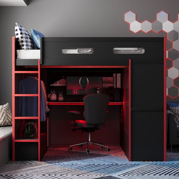 MODERNLUXE Lit Mezzanine de Jeu Pleine Grandeur avec Bureau et Garde-Robe Intégrés, Cadre de Lit Mezzanine en Bois Massif avec Tiroirs, Lumière RVB, Port USB et Rangement pour Ados et Adultes, Rouge
