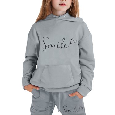 PMVFHDE Volleyball Outfits for Teen Girls Children Kids Boys And Girls Long Sleeve Letter Printed Lightweight Hoodie Sweatshirts And Long Pants Set Outfit Girls Sets 2 Piece Outfits Grey,12-13 Years