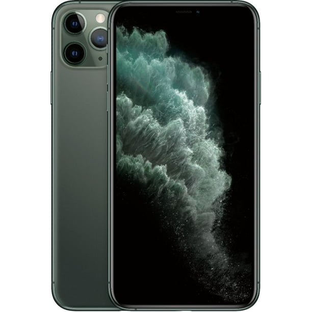 Apple iPhone 11 Pro 64GB Midnight Green Refurbished displayed in a front and back view. The front screen showcases a vivid abstract design, while the back emphasizes the sleek midnight green finish and triple-camera system. Ideal as an unlocked refurbished smartphone in Canada.