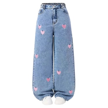 EYWGYA Summer/Fall Girls Wide Leg Jeans Embroidery Loose Denim Pants Cute Casual Trousers with Pockets for Kids 5-15 Years