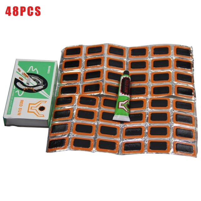 Ensemble de 48 Pcs/pqt Patch de Réparation de Pneu Patch de Caoutchouc Intérieur Pièces de Caoutchouc Anti-Crevaison Ensemble de Colle Kit de Réparation de Pneu de Vélo. l'Image Montre un Ensemble de 48 Pcs de Caoutchouc Rectangulaires avec Bordures orange, un Tube de Colle, et une Boîte Étiquetée « Soleil Rouge ». Conçu pour Réparer les Crevaisons de Pneus de Vélo, les Pièces Sont Compactes, Durables et Résistantes à l'Abrasion, Convenant à l'Utilisation à la Maison Ou en Atelier de Réparation de Vélo.