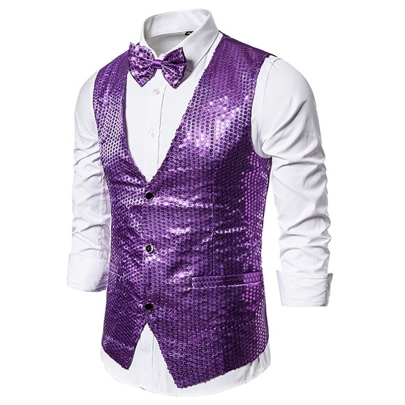 ylioge Sequins Suit Vests for Men with Tie Trendy Sparkly Sleeveless Waistcoats Button-Down V Neck Solid Shiny Slim Suits or Tuxedos Vest