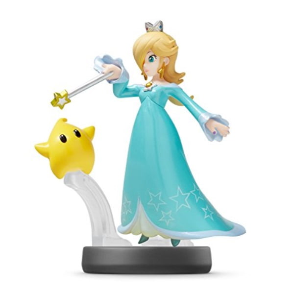Rosalina Luma amiibo from the Super Smash Bros Series by Nintendo, featuring Rosalina in a turquoise dress with star details, holding a wand with a star tip, accompanied by Luma, a yellow star-shaped character, on a black and white base.