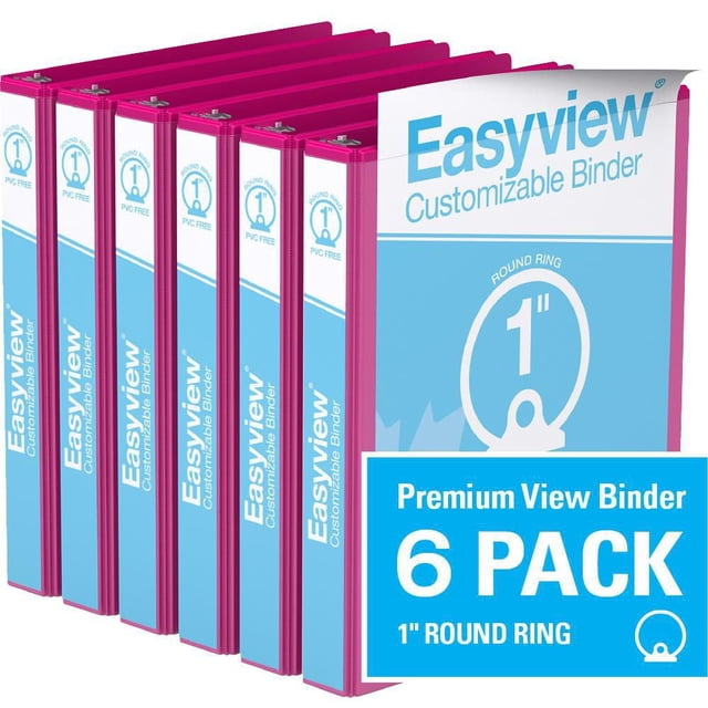 Davis Group Easyview Premium Round Ring Customizable View Binder 6 Pack 1 inch with six magenta binders featuring clear overlays on front, spine, and back covers, constructed from PVC-free polypropylene with back-mounted rings for flat page viewing, ideal for presentations, manuals, and reports.