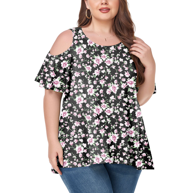 CHUANK Women‘s Plus Size Cold Shoulder Tunic Top Summer Short Sleeve Blouse
