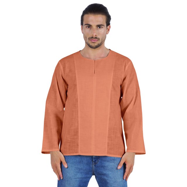 Atasi Kurta à Manches Longues pour Hommes en Coton Slub Uni à Col Rond Chemise Ethnique-6349