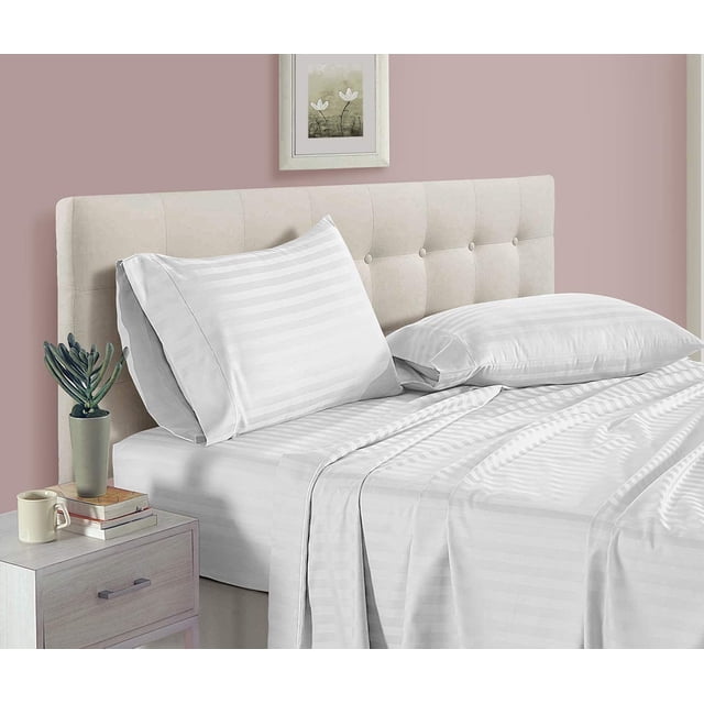 700 Thread Count 100% Egyptian Cotton 4-Piece Bed Sheet Set (1 Flat, 1 Fitted Sheet, 2 Pillow Covers) 15 Inches Deep Pocket Size Stripe Pattern