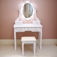 thumbnail image 1 of AKDSteel Girls Vanity Desk Set, Wood Makeup Dressing Table with Oval Mirror and Lights, Stool, 3 Colors Lighting Modes, Vanity Table with 5 Drawers, Makeup Vanity Set with Mirror and Stool for Girls, 1 of 6