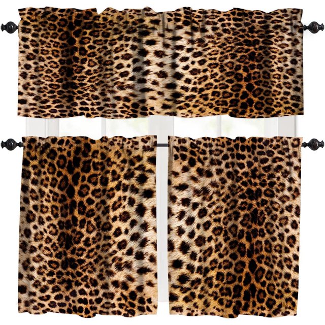 Leopard Pattern Window Valance,Vintage 3D Wild Animal Fur Print Home Bedroom Living Room Kitchen Decorative Valance,3 Piece Set