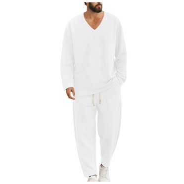Ketyyh-chn99 Men's Tracksuit 2 Piece Hoodies Casual Gym Sweat Suits Men's Solid Color Fashion Casual Loose V Neck Long Sleeved Shirt Trousers Set Size for XL,White