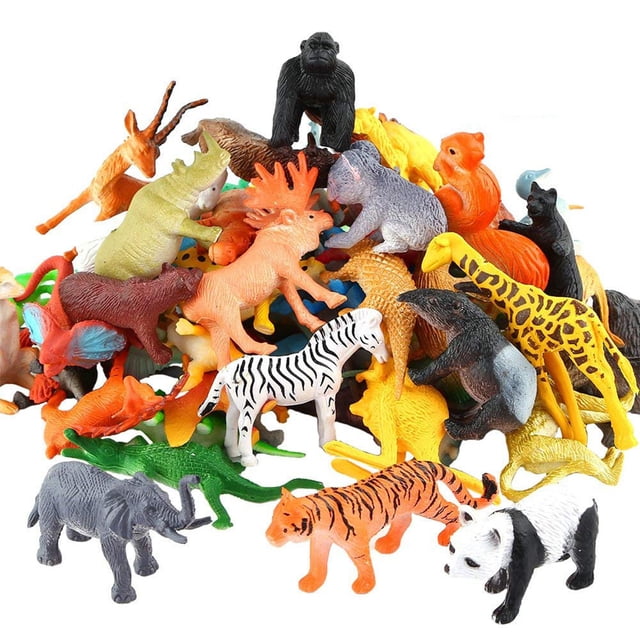 Animals Figure, 54 Piece Mini Jungle Animals Toys Set with multicoloured PVC figures including 32 unique wild animals, 17 fences, and 4 grasses. Designed for children aged 3-6 years, this action figure playset encourages learning and imaginative play.