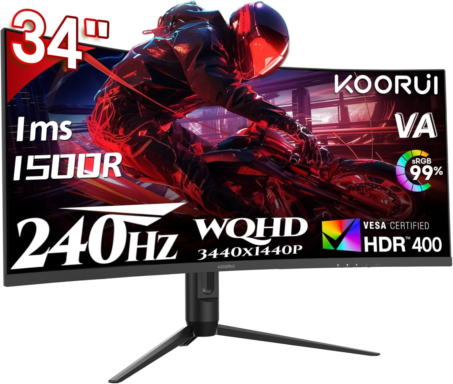 KOORUI 34" 3440 x 1440 240 Hz VA Gaming Monitor FreeSync Premium (AMD Adaptive Sync) 90% DCI-P3 G3441XC