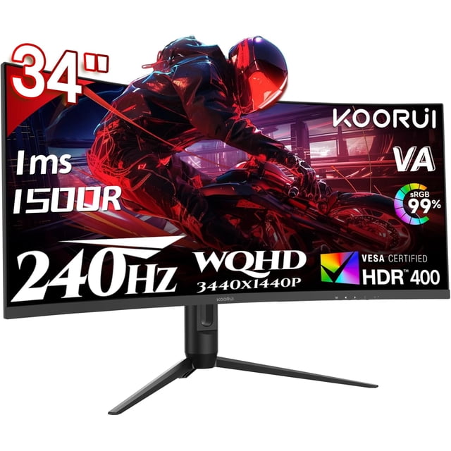 KOORUI 34-inch 3440 x 1440 240 Hz VA gaming monitor with FreeSync Premium, featuring a curved ultrawide 1500R display and 21:9 aspect ratio. The monitor supports HDR400, 90% DCI-P3 color gamut, and 1ms MPRT for smooth, immersive gameplay. It includes multiple ports such as HDMI 2.0 and DP 1.4, along with a height-adjustable stand. Ideal for gaming and cinematic experiences.