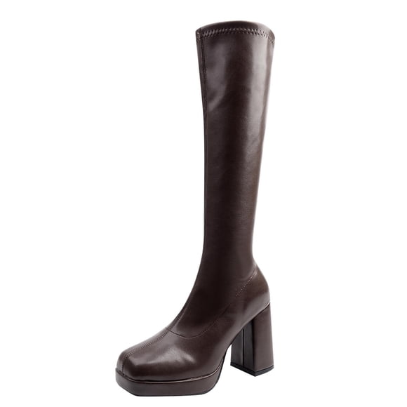 Lovzfmll Knee High Boots Women, Plus Size Mid Calf Chunky Heel, Chunky Mid Heel Square Toe Leather Boots Casual Fall Brown Boots