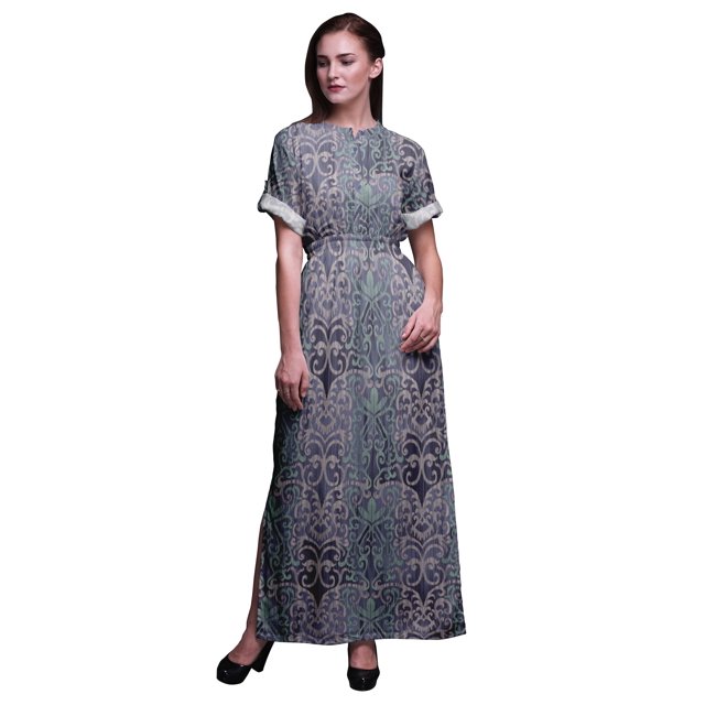 Bimba Rayon Damask Geometric Ladies Long Gown Boho Beach Cocktail Party Maxi SlitDress-Small