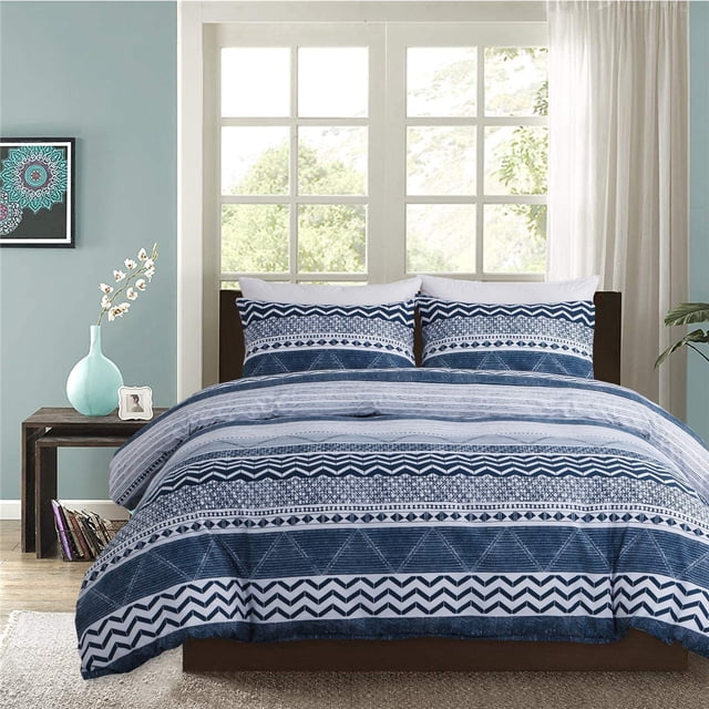 3 Pcs Queen Boho Duvet Cover, Soft Mircrofiber White Geometric Pattern Printed on Blue Bohemian Comforter Cover Bedding Set
