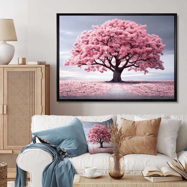 Designart Trees Oversized framed wall art decor, Tree black framed wall art, Spring Awakening Pink Tree Serenade I , Pink Traditional black framed wall art, 32x16 inches black frame