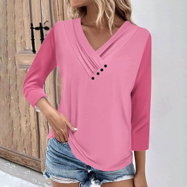 Xihbxyly Hauts pour Femmes Décontractés Mode pour Femmes Ample Col en V Couleur Unie Bouton T-Shirt à Manches 7/4 Haut Ample