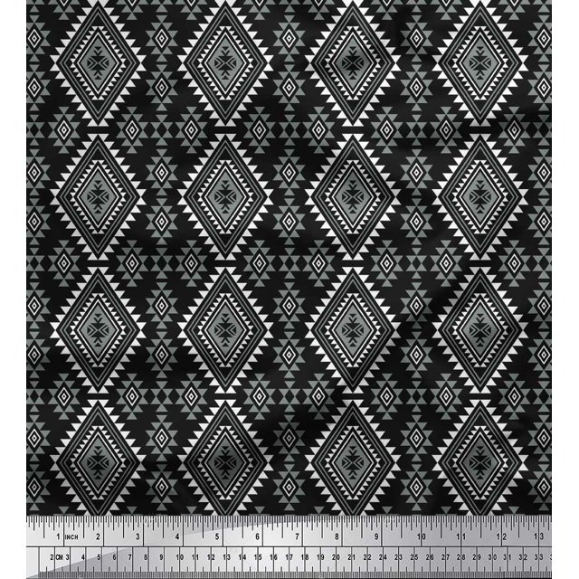 Soimoi Black Poly Georgette Fabric Diamond & Triangle Geometric Decor Fabric Printed Yard 42 Inch Wide