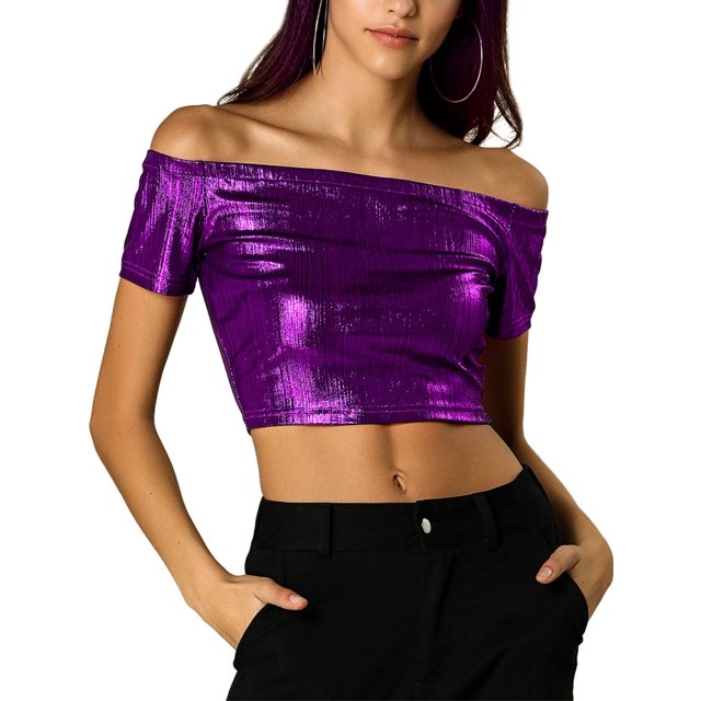 INSPIRE CHIC Women's Metallic Shiny Party Off Shoulder Crop Top