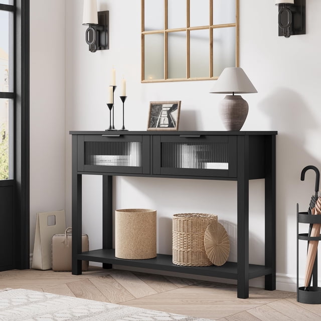 Yiwa 43-Inch Slim Console Table, Modern 2-Tier Sofa/Entryway Table with 2 Glass Storage Drawers for Living Room, Hallway & Foyer